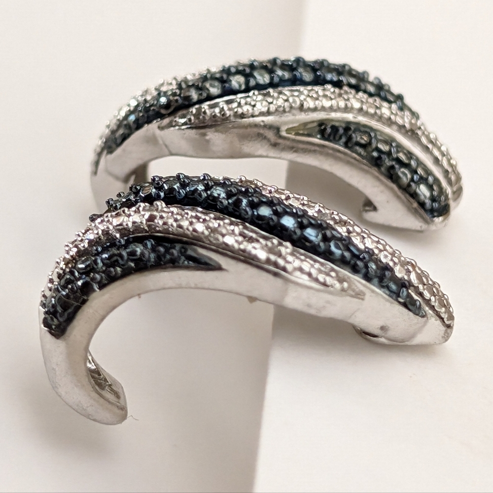 Sterling Silver Oxidized Rhodium Diamond Chip 0.8" J Hoop Earrings JWBR 925 - Picture 2 of 7